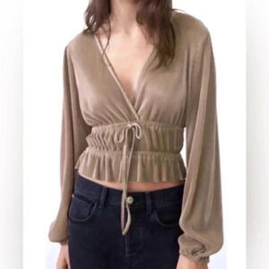 ZARA Brown Ribbed Plunging V-Neck Blouse